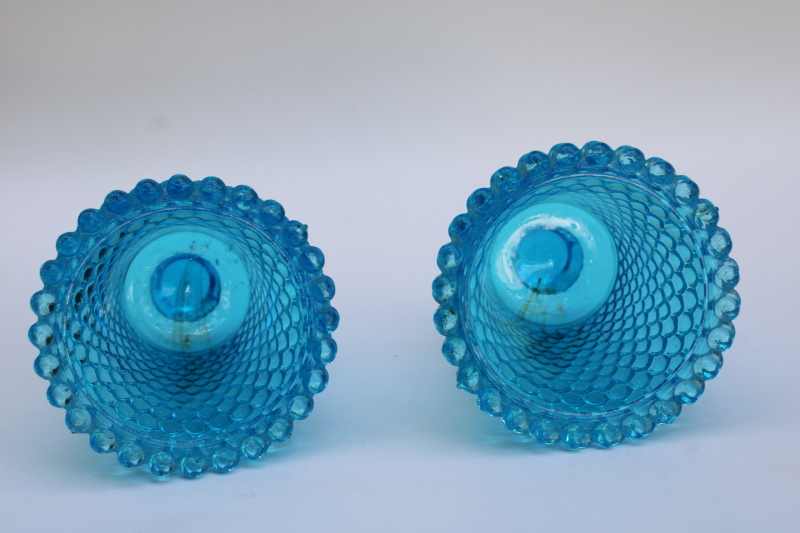 photo of vintage horizon blue aqua hobnail glass peg type votive candle holders pair  #4