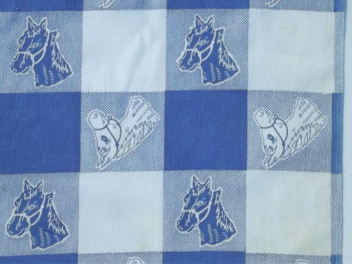 photo of vintage horses print fabric tablecloth, blue & white checked cotton #2