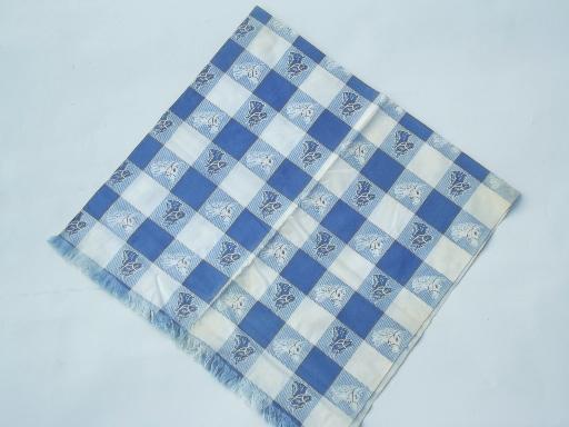 photo of vintage horses print fabric tablecloth, blue & white checked cotton #3