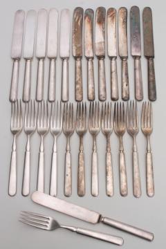 catalog photo of vintage hotel silver forks & knives, antique silver plate flatware mismatched set of 12