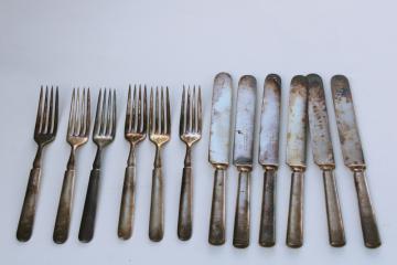 catalog photo of vintage hotel silver plate flatware, antique silverware set of six dinner forks and knives