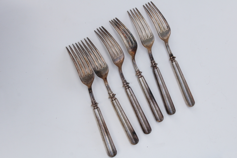 photo of vintage hotel silver plate flatware, round handled dinner forks and knives antique silverware #7