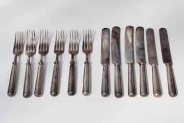 catalog photo of vintage hotel silver plate flatware, round handled dinner forks and knives antique silverware