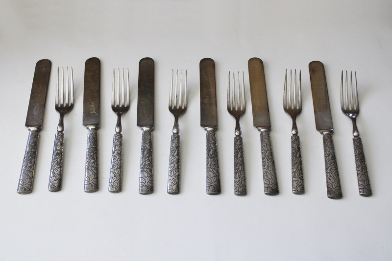 photo of vintage hotel silverware, heavy silver plate flatware pear fruit & leaves 1847 Rogers forks & knives  #1