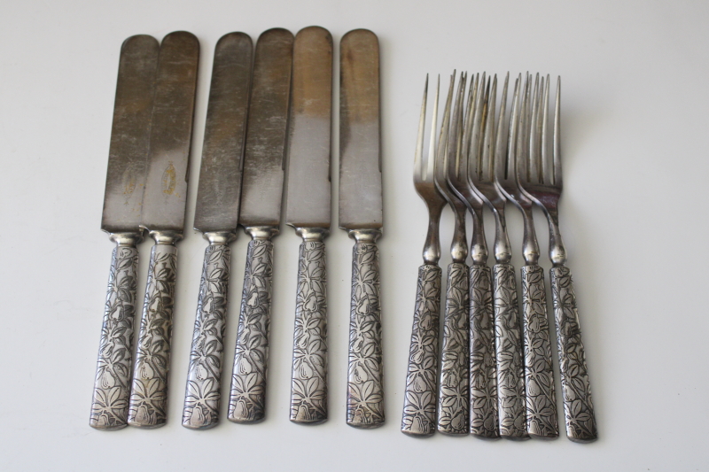 photo of vintage hotel silverware, heavy silver plate flatware pear fruit & leaves 1847 Rogers forks & knives  #2