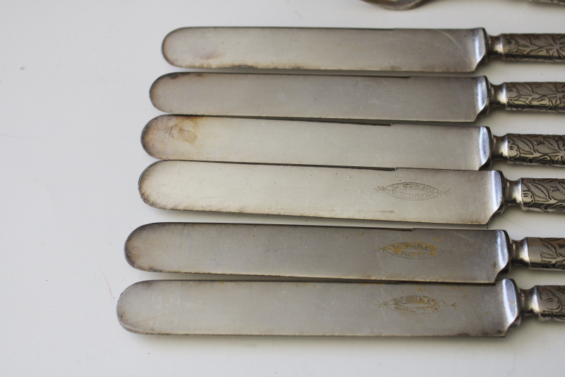 photo of vintage hotel silverware, heavy silver plate flatware pear fruit & leaves 1847 Rogers forks & knives  #3