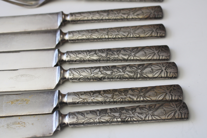 photo of vintage hotel silverware, heavy silver plate flatware pear fruit & leaves 1847 Rogers forks & knives  #5