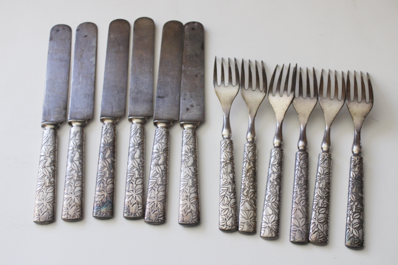 photo of vintage hotel silverware, heavy silver plate flatware pear fruit & leaves 1847 Rogers forks & knives  #7