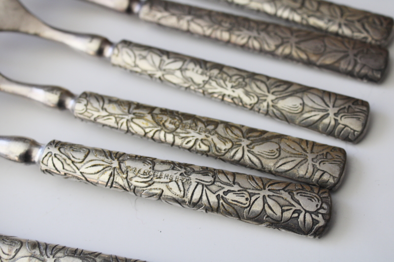 photo of vintage hotel silverware, heavy silver plate flatware pear fruit & leaves 1847 Rogers forks & knives  #8