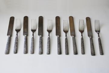 catalog photo of vintage hotel silverware, heavy silver plate flatware pear fruit & leaves 1847 Rogers forks & knives 