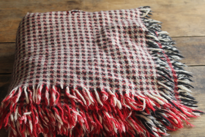 photo of vintage houndstooth plaid blanket for cutting fabric, black white red felted wool fringed throw  #1