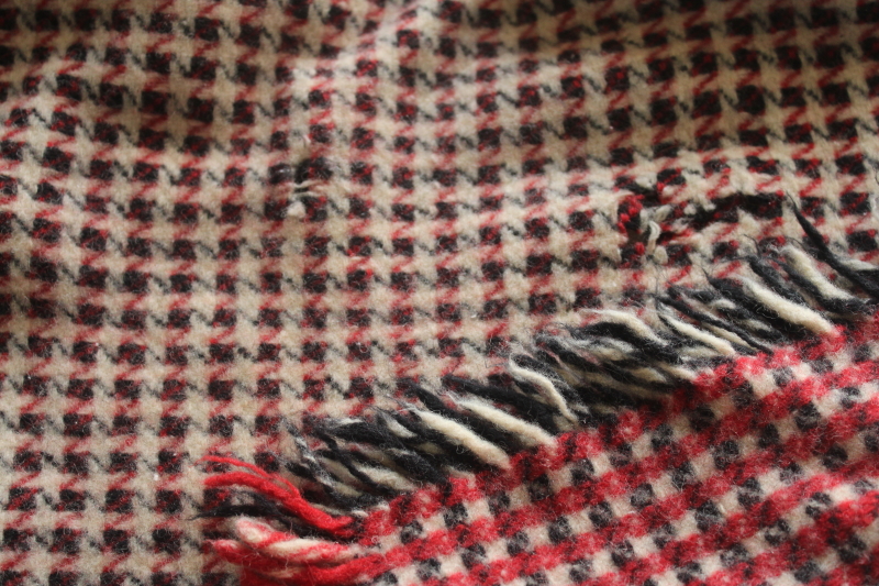 photo of vintage houndstooth plaid blanket for cutting fabric, black white red felted wool fringed throw  #4