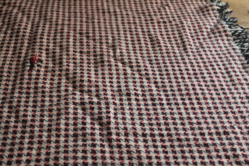 photo of vintage houndstooth plaid blanket for cutting fabric, black white red felted wool fringed throw  #5