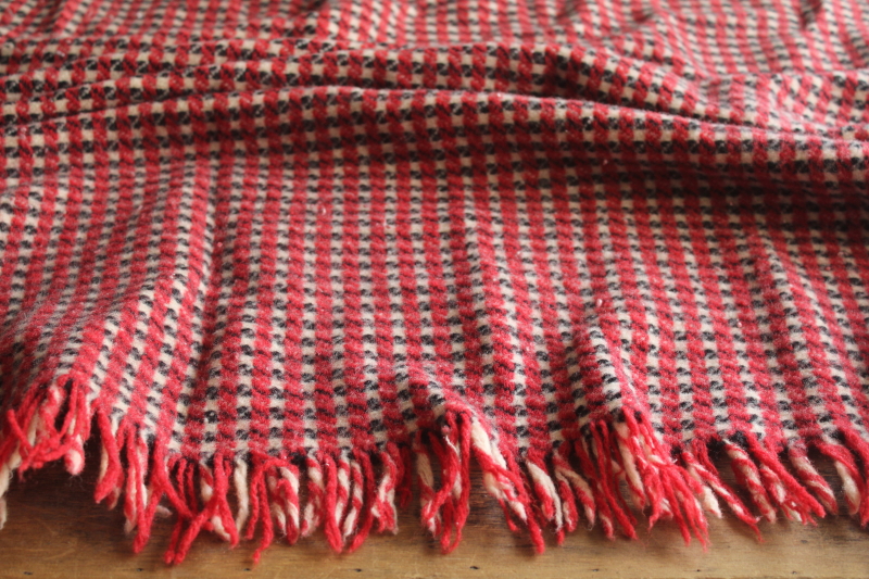 photo of vintage houndstooth plaid blanket for cutting fabric, black white red felted wool fringed throw  #6