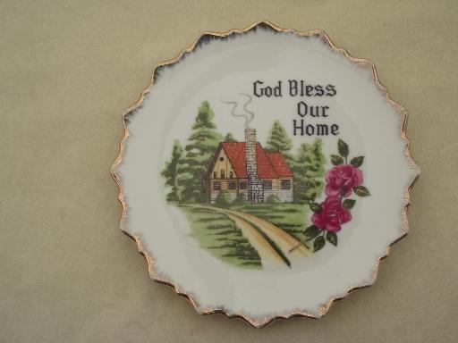 photo of vintage house blessing plate, cottage home wall art motto china plates #2