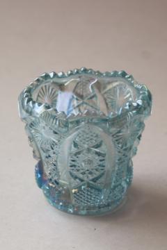 catalog photo of vintage ice blue carnival glass iridescent luster Quintec star vase or candle holder?