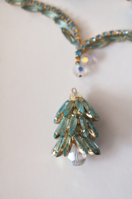 photo of vintage ice blue rhinestones dangle pendant & matching earrings, clip on back earrings  #3