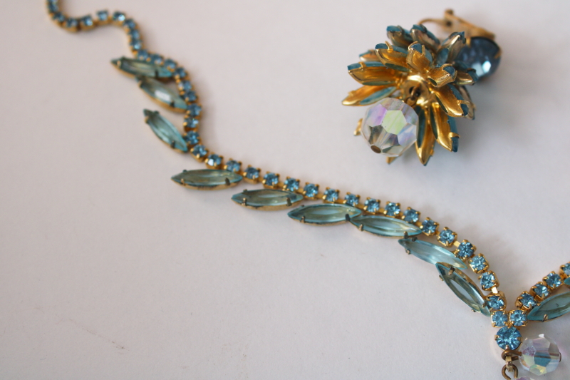 photo of vintage ice blue rhinestones dangle pendant & matching earrings, clip on back earrings  #4