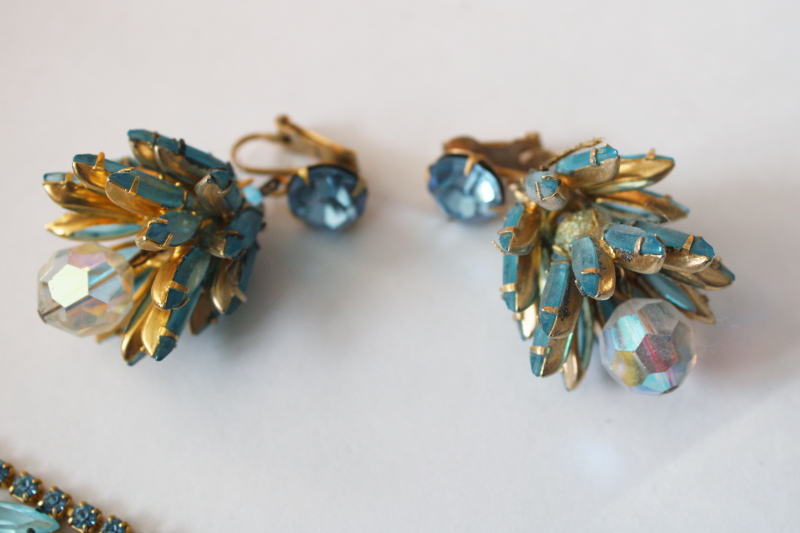 photo of vintage ice blue rhinestones dangle pendant & matching earrings, clip on back earrings  #6