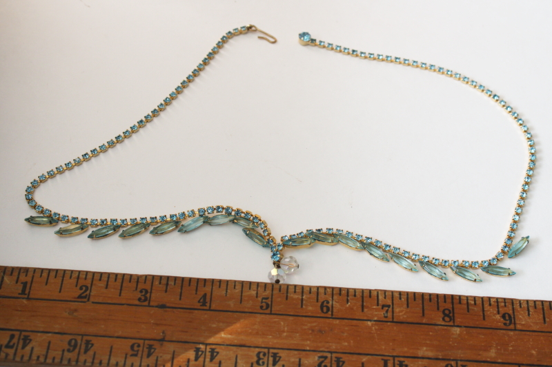 photo of vintage ice blue rhinestones dangle pendant & matching earrings, clip on back earrings  #7