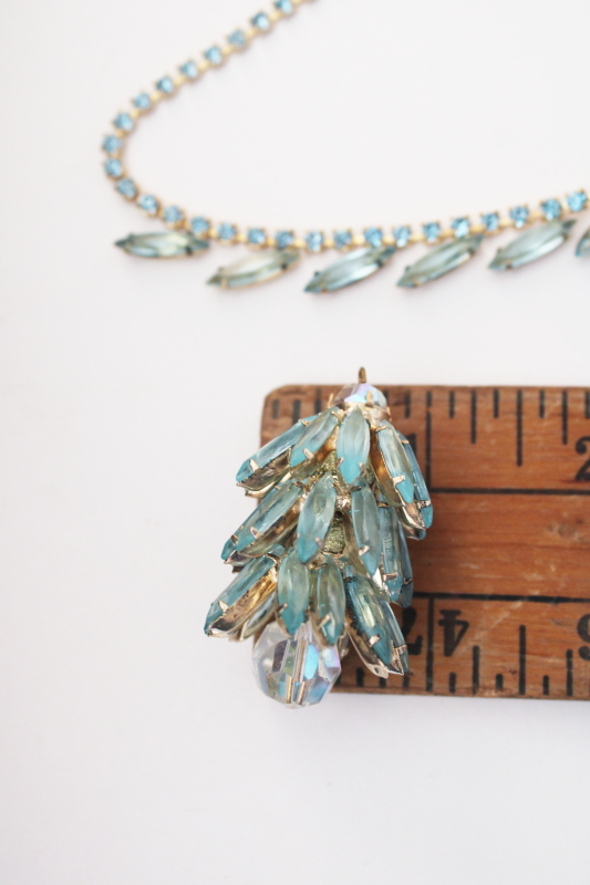 photo of vintage ice blue rhinestones dangle pendant & matching earrings, clip on back earrings  #8