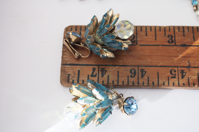 photo of vintage ice blue rhinestones dangle pendant & matching earrings, clip on back earrings  #9