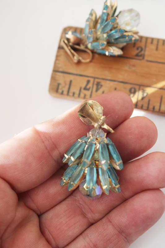 photo of vintage ice blue rhinestones dangle pendant & matching earrings, clip on back earrings  #10