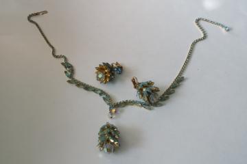 catalog photo of vintage ice blue rhinestones dangle pendant & matching earrings, clip on back earrings 