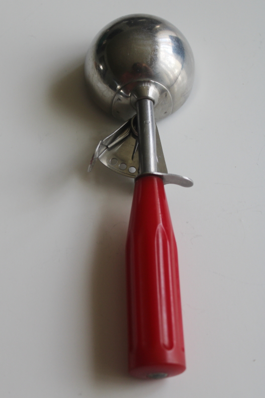 photo of vintage ice cream scoop, cherry red bakelite handle Croford stainless kitchen utensil  #4