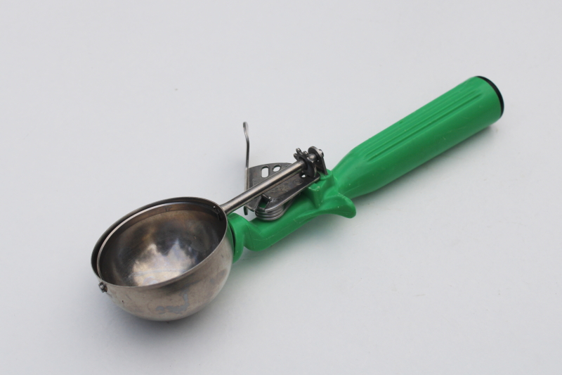 photo of vintage ice cream scoop w/ jade green plastic handle, retro soda fountain style #1