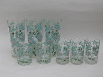 catalog photo of vintage iced tea & juice glasses w/ cornflowers, 1950s aqua & pink