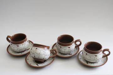 vintage incised pottery cups & saucers w/ Japanese character backstamp marks