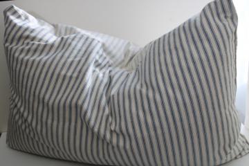 catalog photo of vintage indigo blue striped cotton ticking fabric heavy old feather pillow 