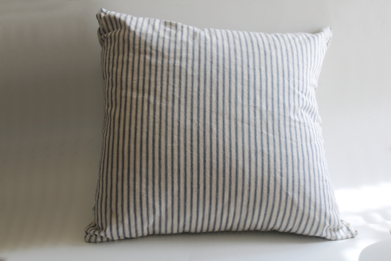 photo of vintage indigo blue striped cotton ticking feather pillow, very firm square pillow  #1