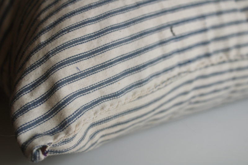 photo of vintage indigo blue striped cotton ticking feather pillow, very firm square pillow  #2