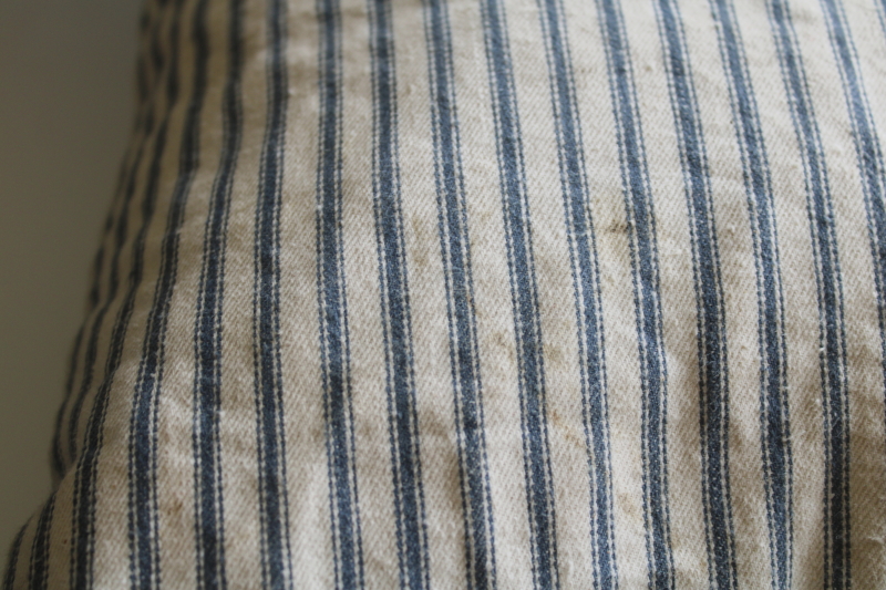 photo of vintage indigo blue striped cotton ticking feather pillow, very firm square pillow  #4