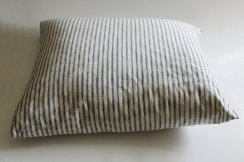 photo of vintage indigo blue striped cotton ticking feather pillow, very firm square pillow  #5