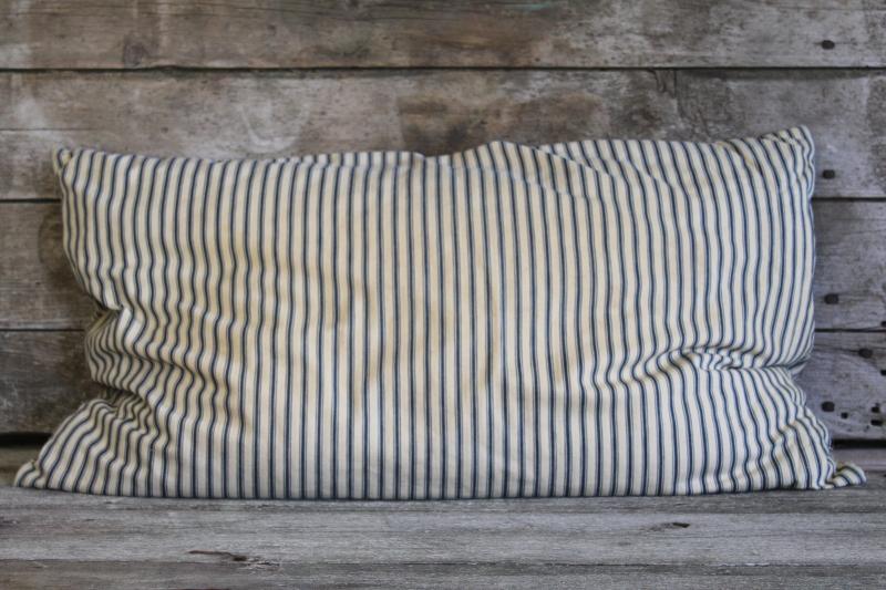 photo of vintage indigo blue striped cotton ticking pillow, chicken feather pillow #1