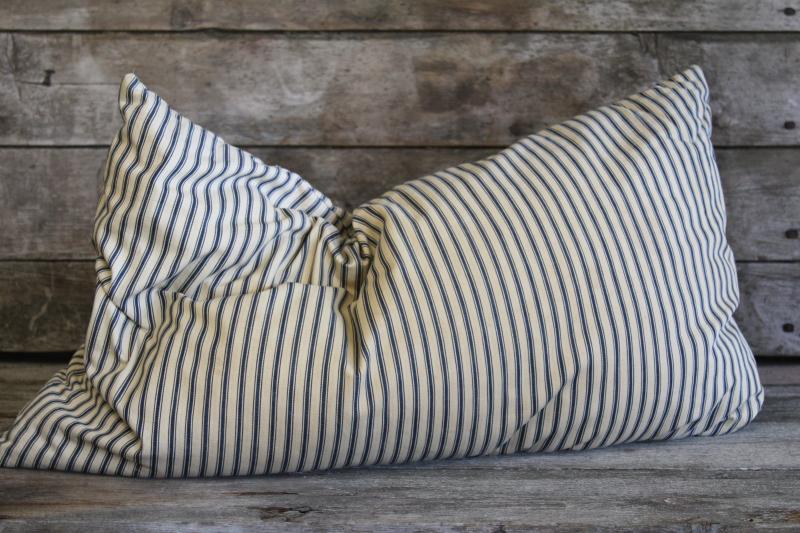 photo of vintage indigo blue striped cotton ticking pillow, chicken feather pillow #2