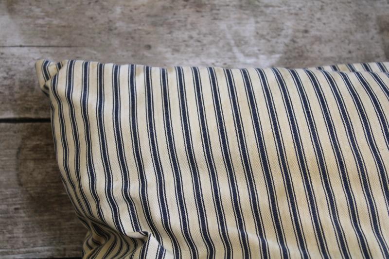 photo of vintage indigo blue striped cotton ticking pillow, chicken feather pillow #3