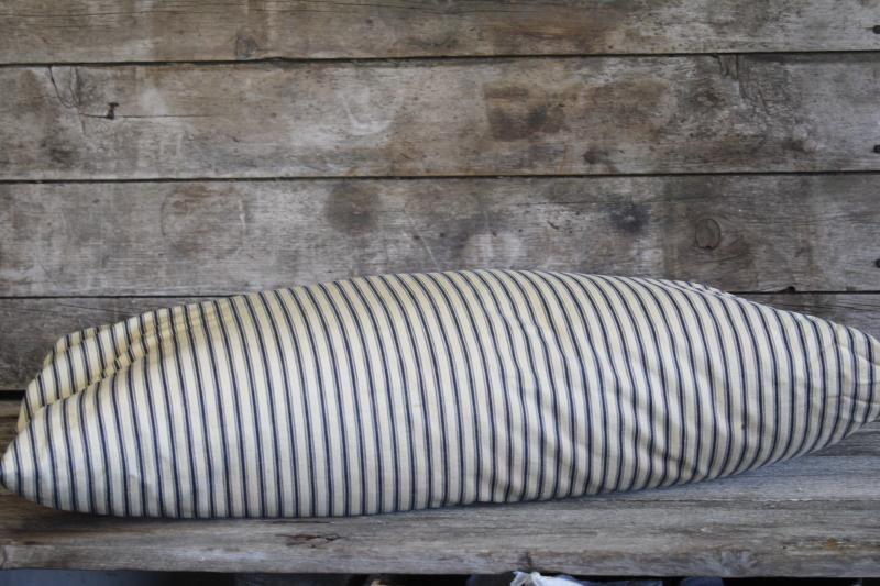 photo of vintage indigo blue striped cotton ticking pillow, chicken feather pillow #4