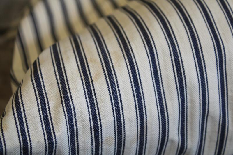 photo of vintage indigo blue striped cotton ticking pillow, chicken feather pillow #5