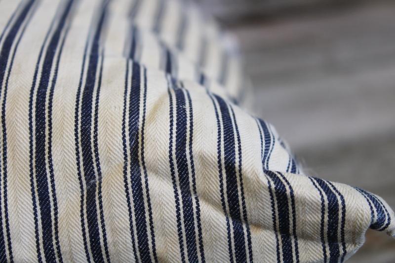 photo of vintage indigo blue striped cotton ticking pillow, chicken feather pillow #6