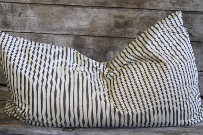 photo of vintage indigo blue striped cotton ticking pillow, chicken feather pillow #8