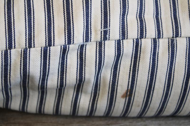 photo of vintage indigo blue striped cotton ticking pillow, chicken feather pillow #9