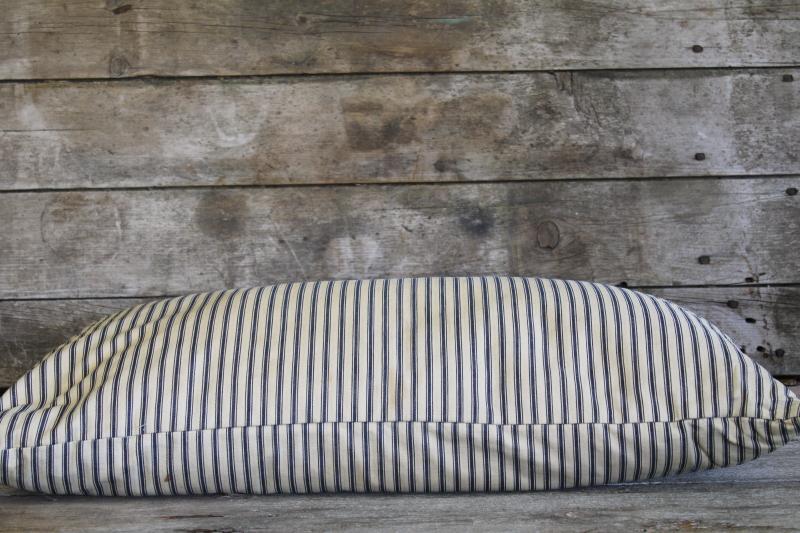 photo of vintage indigo blue striped cotton ticking pillow, chicken feather pillow #10