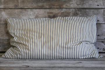 catalog photo of vintage indigo blue striped cotton ticking pillow, chicken feather pillow