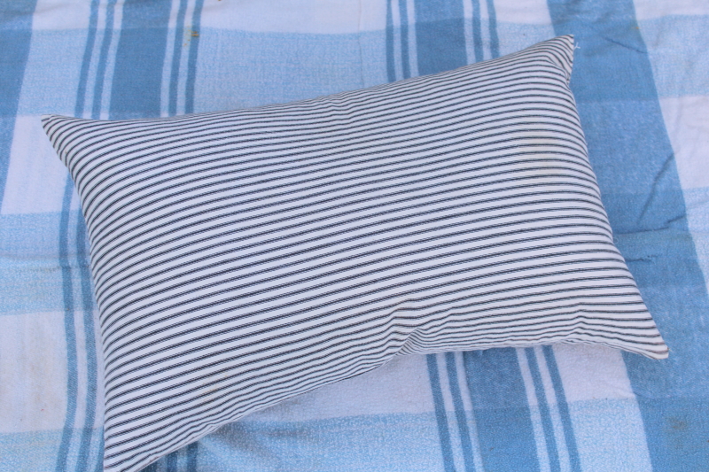 photo of vintage indigo blue striped cotton ticking pillow, farmhouse feather pillow #2