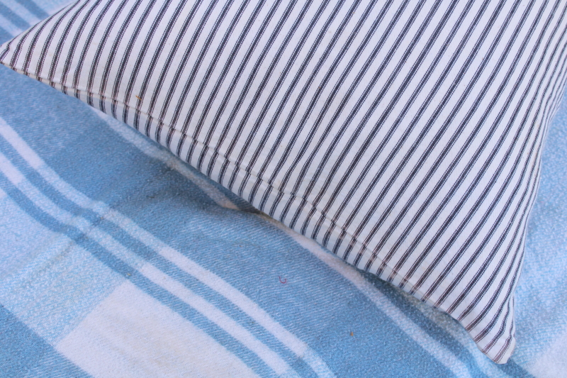 photo of vintage indigo blue striped cotton ticking pillow, farmhouse feather pillow #3