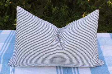 catalog photo of vintage indigo blue striped cotton ticking pillow, farmhouse feather pillow